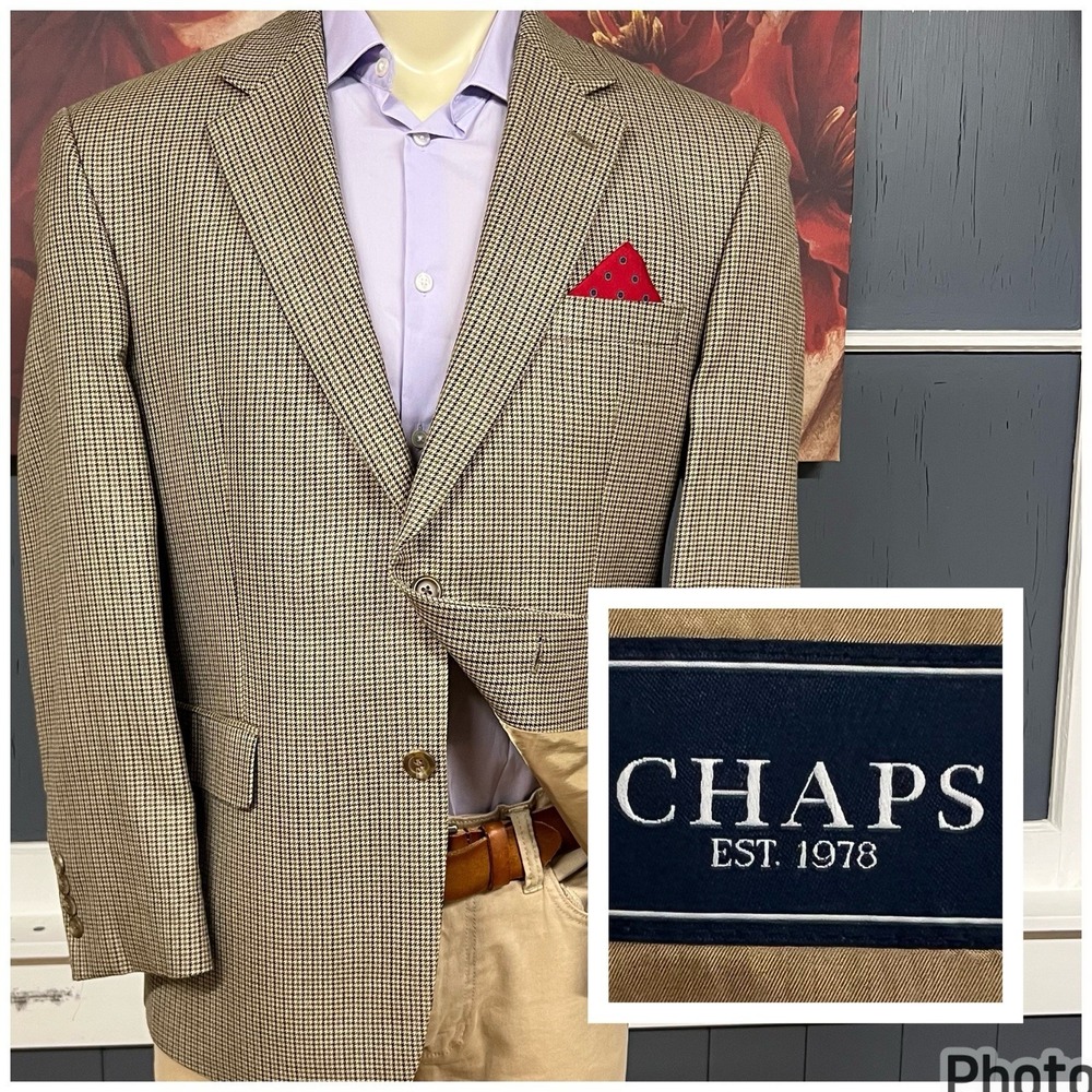 Chaps Silk Wool Blazer Sport Coat Mens 42S Short Classic Fit Beige/Olive/Purple
